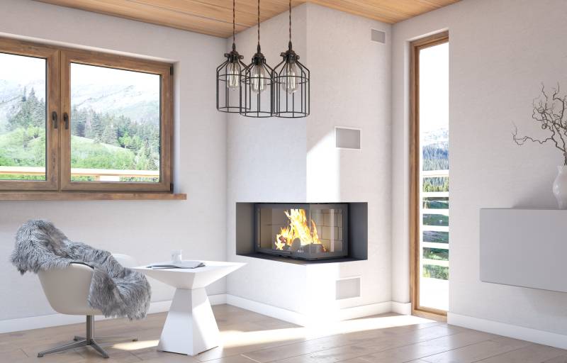 Le foyer a bois d'angle pour une cheminée avec une vision intégrale du feu posée chez vous près de Lyon